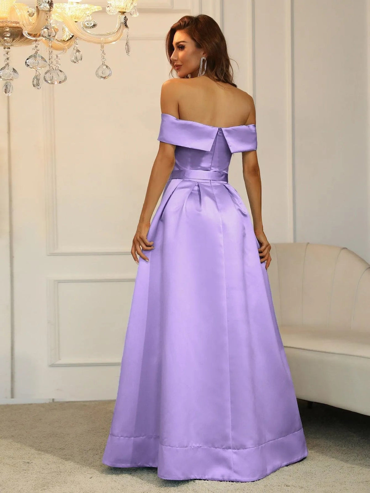 Additional product view of Belted Off-Shoulder Satin High-Slit A-Line Evening Gown