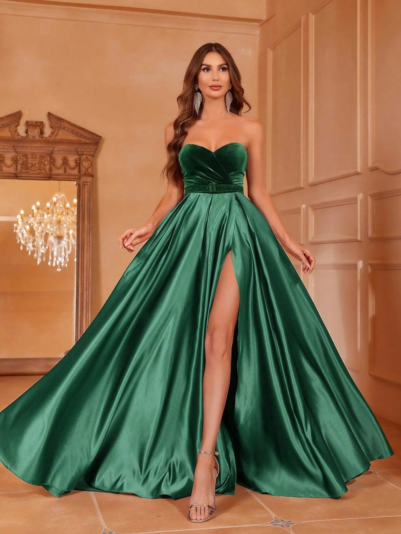 Alternate view of Velvet Bodice Strapless Satin High-Slit A-Line Evening Gown in Dark Green