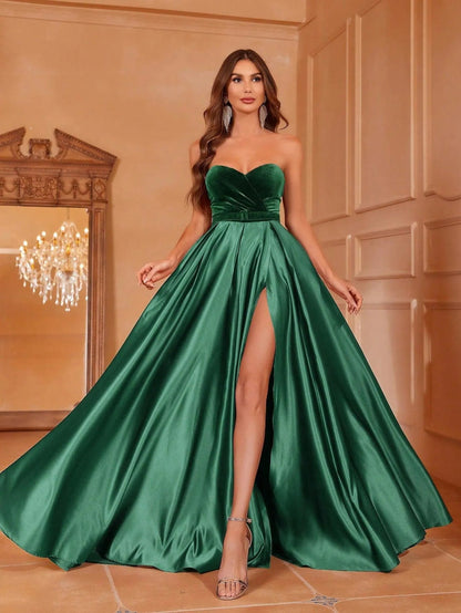 Alternate view of Velvet Bodice Strapless Satin High-Slit A-Line Evening Gown in Dark Green