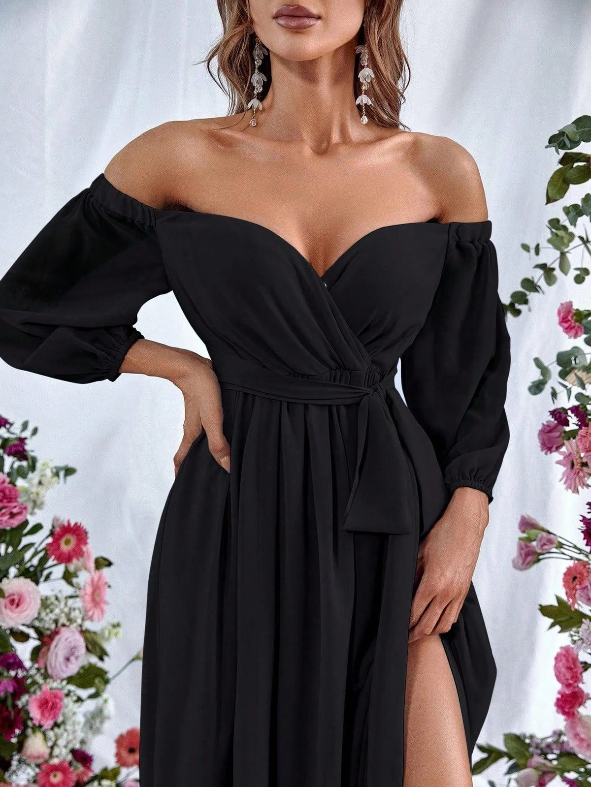 Additional product view of High-Slit Belted Off-Shoulder Chiffon A-Line Maxi Formal Dress
