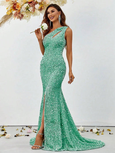 One-Shoulder Sequin High Slit Sleeveless Mermaid Evening Gown