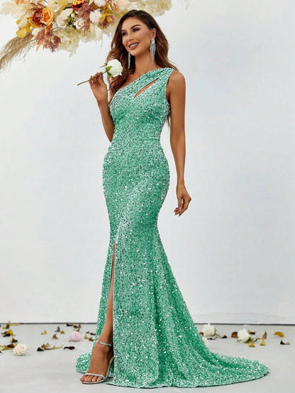 One-Shoulder Cut Out Split Thigh Sequin Mermaid Dresses