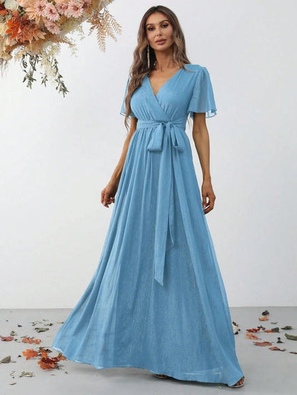 Alternate view of Belted V-Neck Chiffon A-Line Short-Sleeve Maxi Formal Dress in Blue