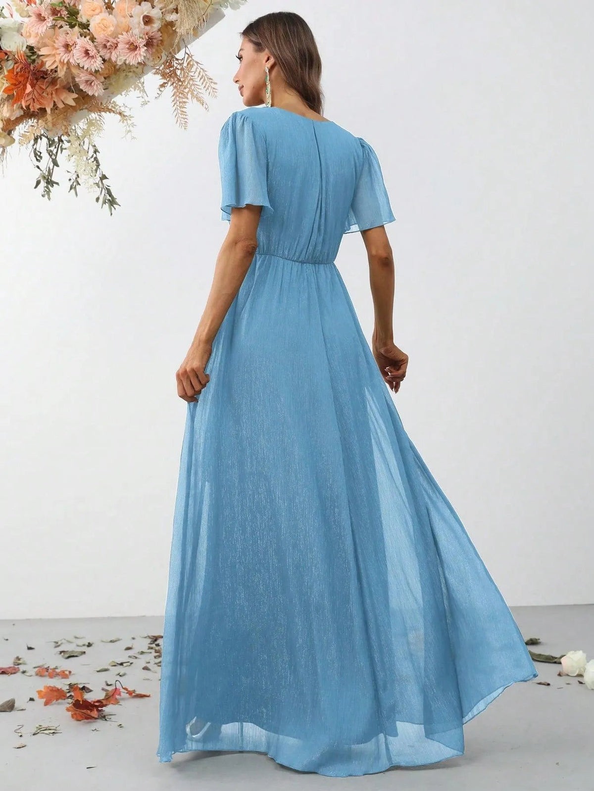 Additional product view of Belted V-Neck Chiffon A-Line Short-Sleeve Maxi Formal Dress