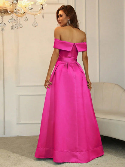 Additional product view of Belted Off-Shoulder Satin High-Slit A-Line Evening Gown