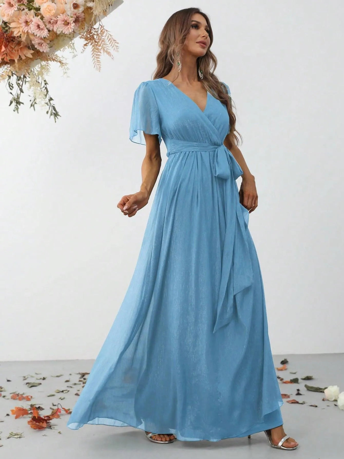 Additional product view of Belted V-Neck Chiffon A-Line Short-Sleeve Maxi Formal Dress