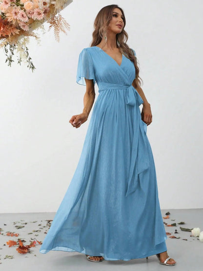 Additional product view of Belted V-Neck Chiffon A-Line Short-Sleeve Maxi Formal Dress