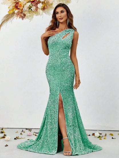 One-Shoulder Cut Out Split Thigh Sequin Mermaid Dresses – view 4