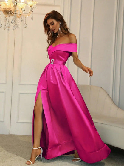 Additional product view of Belted Off-Shoulder Satin High-Slit A-Line Evening Gown
