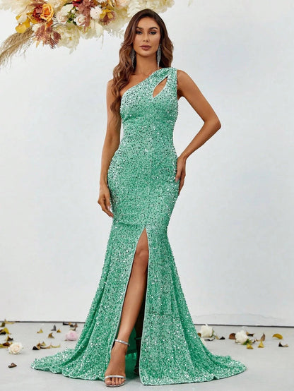 One-Shoulder Cut Out Split Thigh Sequin Mermaid Dresses – view 3