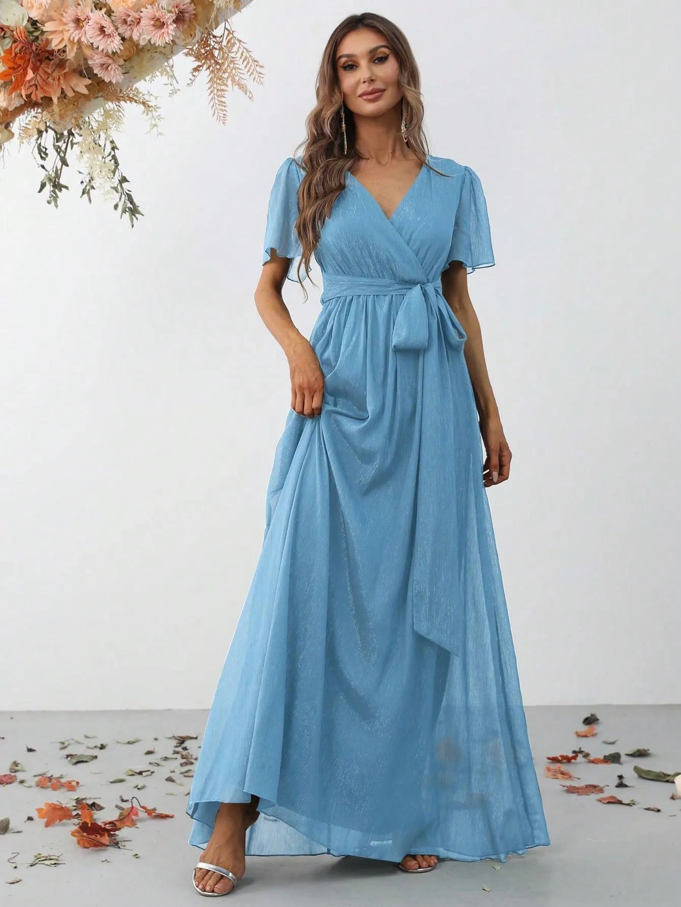 Additional product view of Belted V-Neck Chiffon A-Line Short-Sleeve Maxi Formal Dress