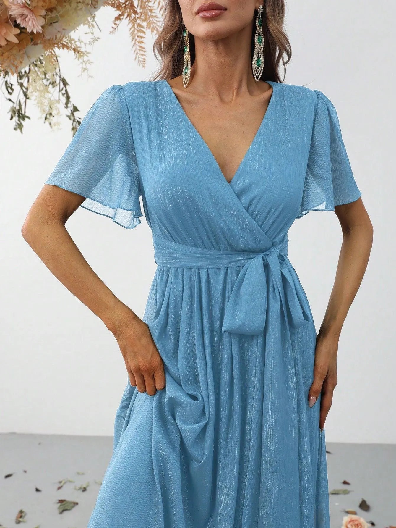 Additional product view of Belted V-Neck Chiffon A-Line Short-Sleeve Maxi Formal Dress