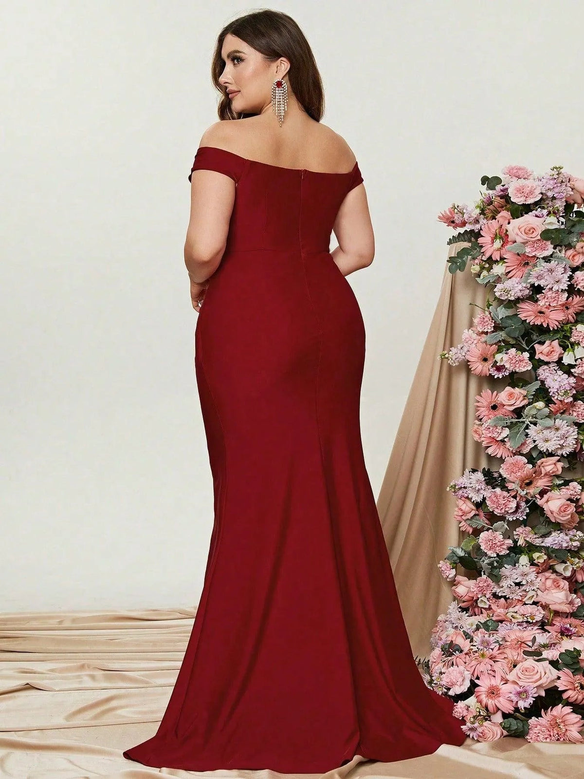 Additional product view of Ruched Wrap Plus-Size Off-Shoulder Knit High-Slit Evening Gown