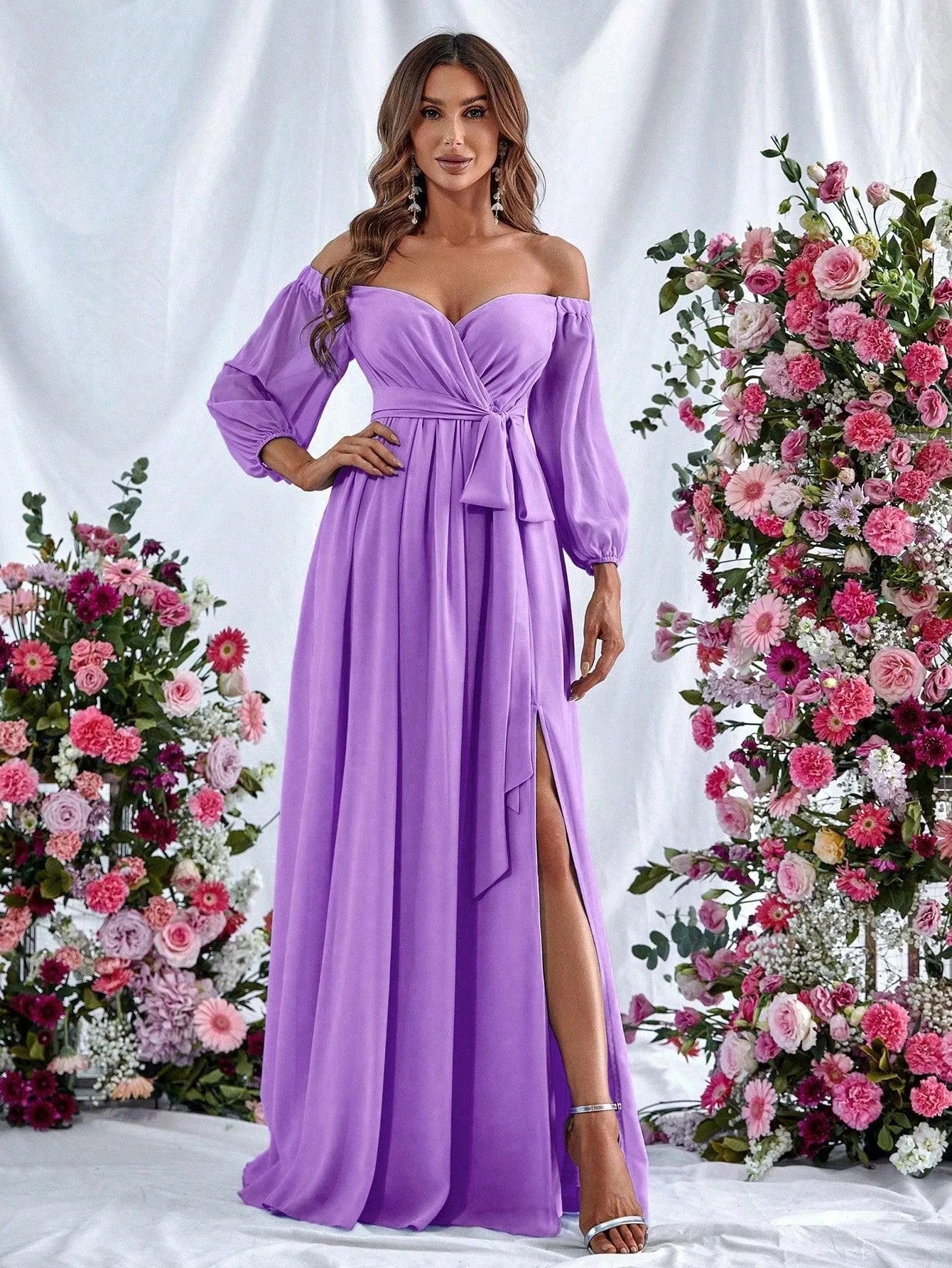 Alternate view of High-Slit Belted Off-Shoulder Chiffon A-Line Maxi Formal Dress in Purple