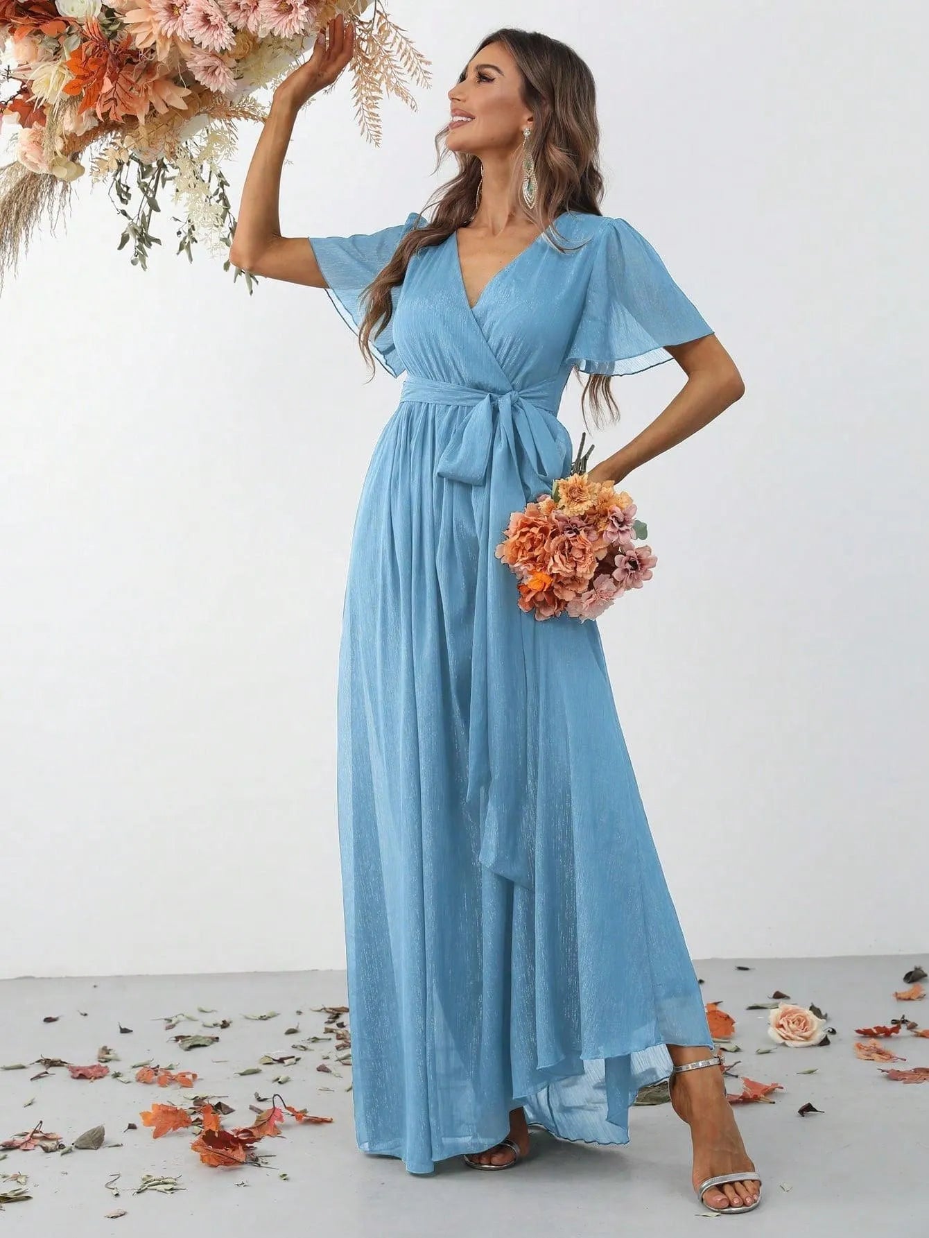 Additional product view of Belted V-Neck Chiffon A-Line Short-Sleeve Maxi Formal Dress