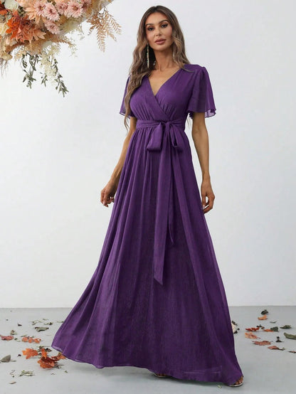Alternate view of Belted V-Neck Chiffon A-Line Short-Sleeve Maxi Formal Dress in Purple