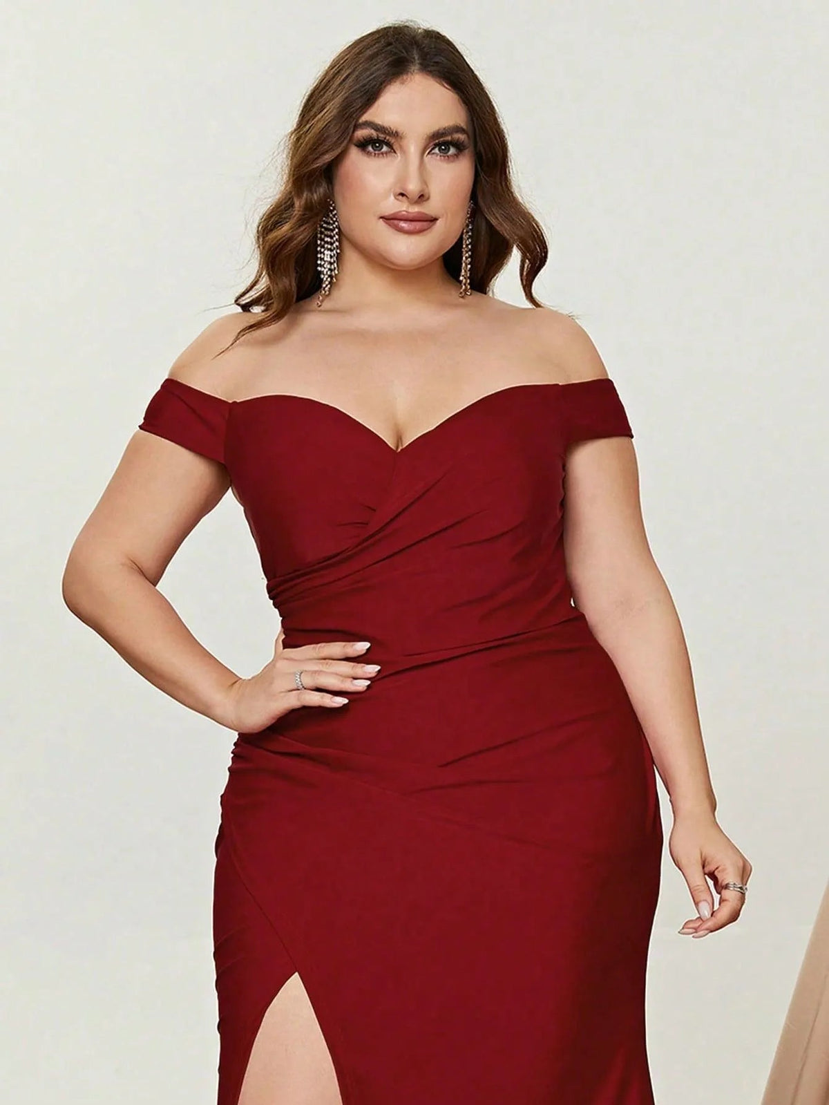 Additional product view of Ruched Wrap Plus-Size Off-Shoulder Knit High-Slit Evening Gown