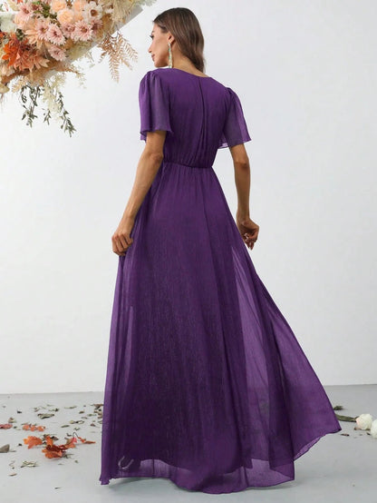 Additional product view of Belted V-Neck Chiffon A-Line Short-Sleeve Maxi Formal Dress