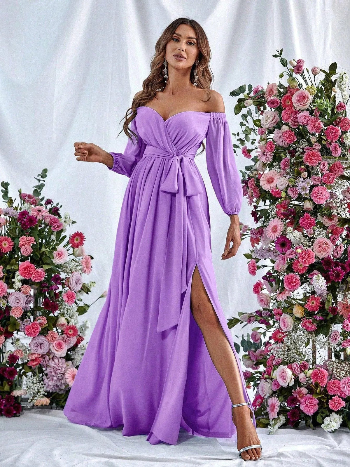 Additional product view of High-Slit Belted Off-Shoulder Chiffon A-Line Maxi Formal Dress