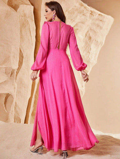 Additional product view of Ruffle Trim V-Neck Chiffon High-Slit A-Line Maxi Formal Dress