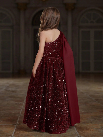 Tween Girls' One-Shoulder Draped Side Sequin A-Line Dress — authorized product image 14