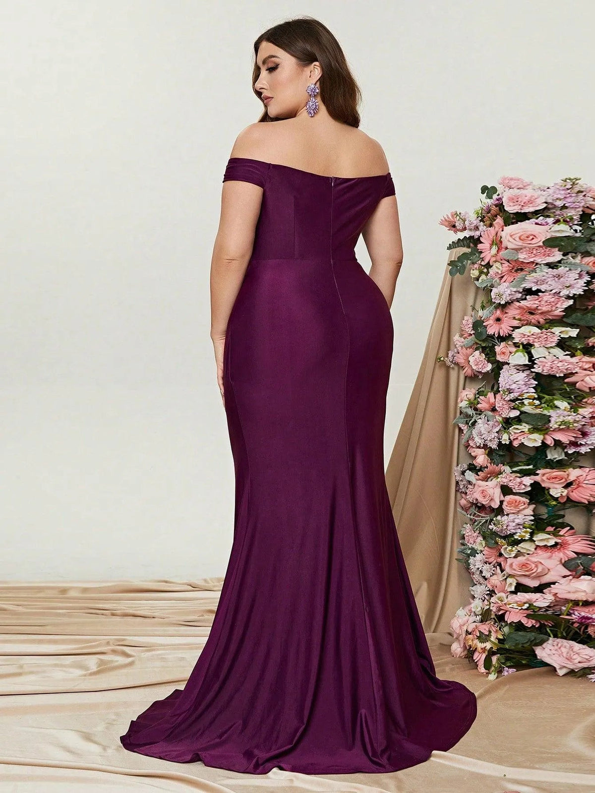 Additional product view of Ruched Wrap Plus-Size Off-Shoulder Knit High-Slit Evening Gown