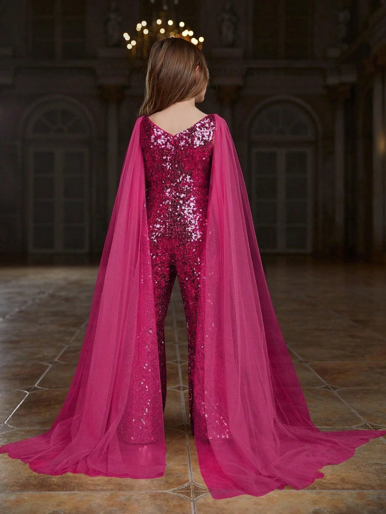 Additional product view of Cloak-Sleeve V-Neck Sequin Tween Girls' Party Jumpsuit