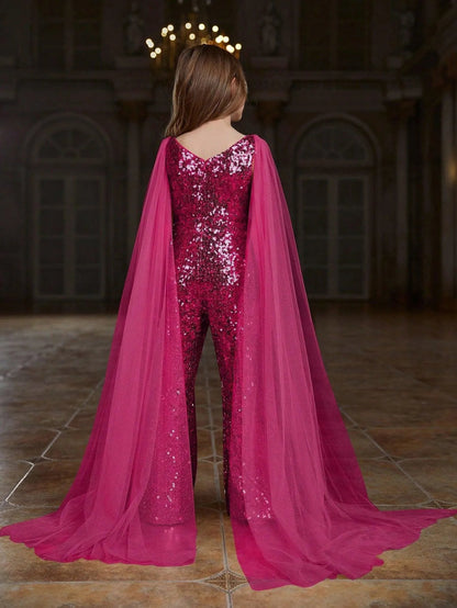 Additional product view of Cloak-Sleeve V-Neck Sequin Tween Girls' Party Jumpsuit