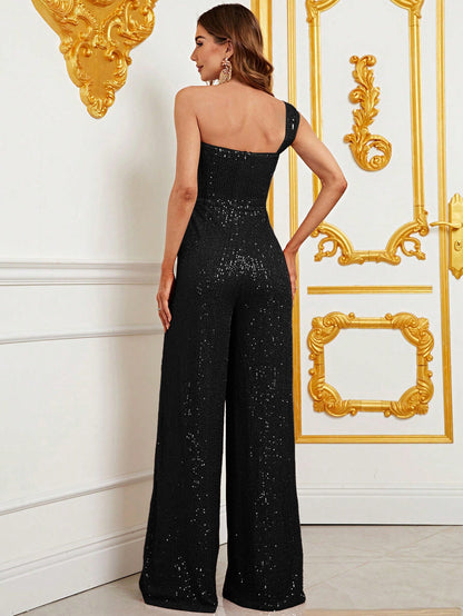One-Shoulder Sleeveless Sequin Party Jumpsuit – view 8