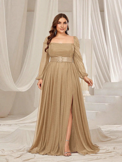 Plus Square Neck Lantern Sleeves Split Thigh Evening Dress – view 15