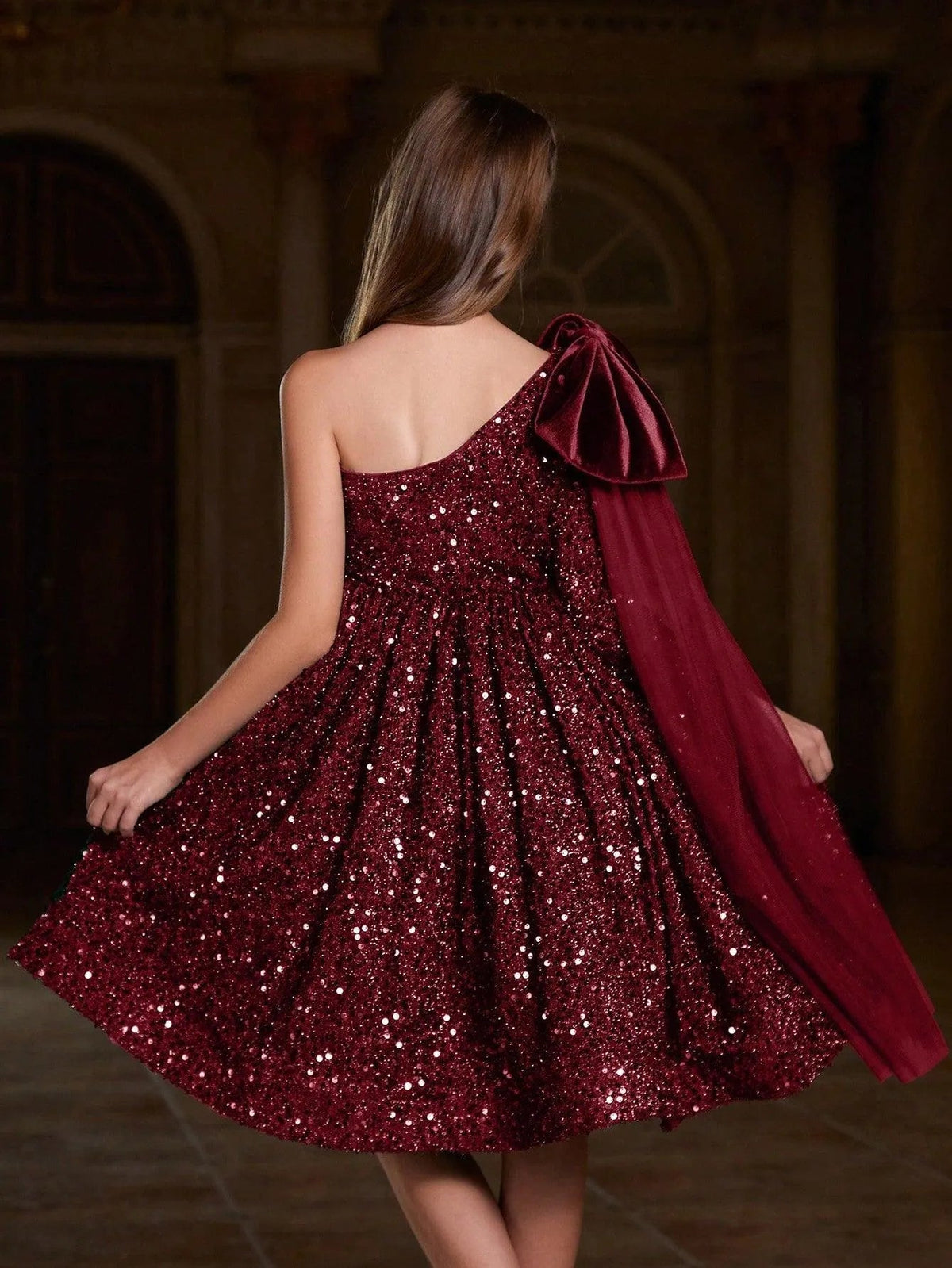 Additional product view of Bow Detail One-Shoulder Sequin A-Line Midi Tween Girls' Party Dress