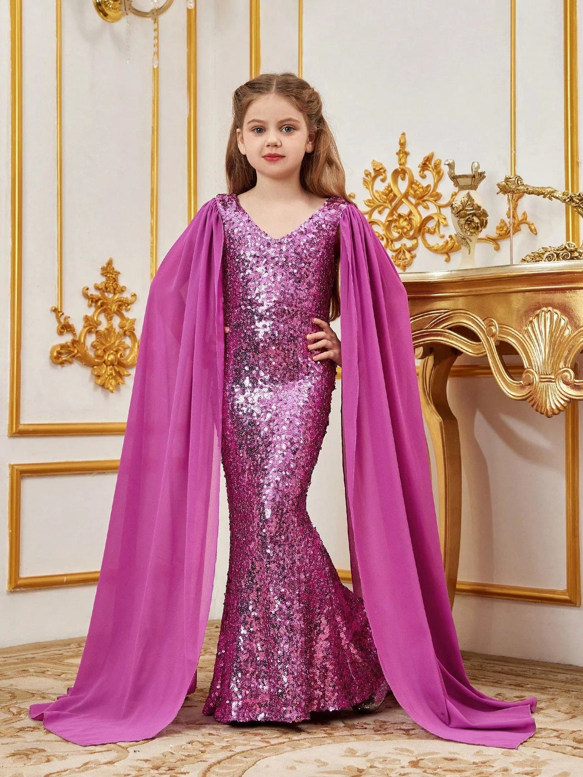 Additional product view of Cloak-Sleeve V-Neck Sequin Mermaid Chiffon Tween Girls' Party Dress