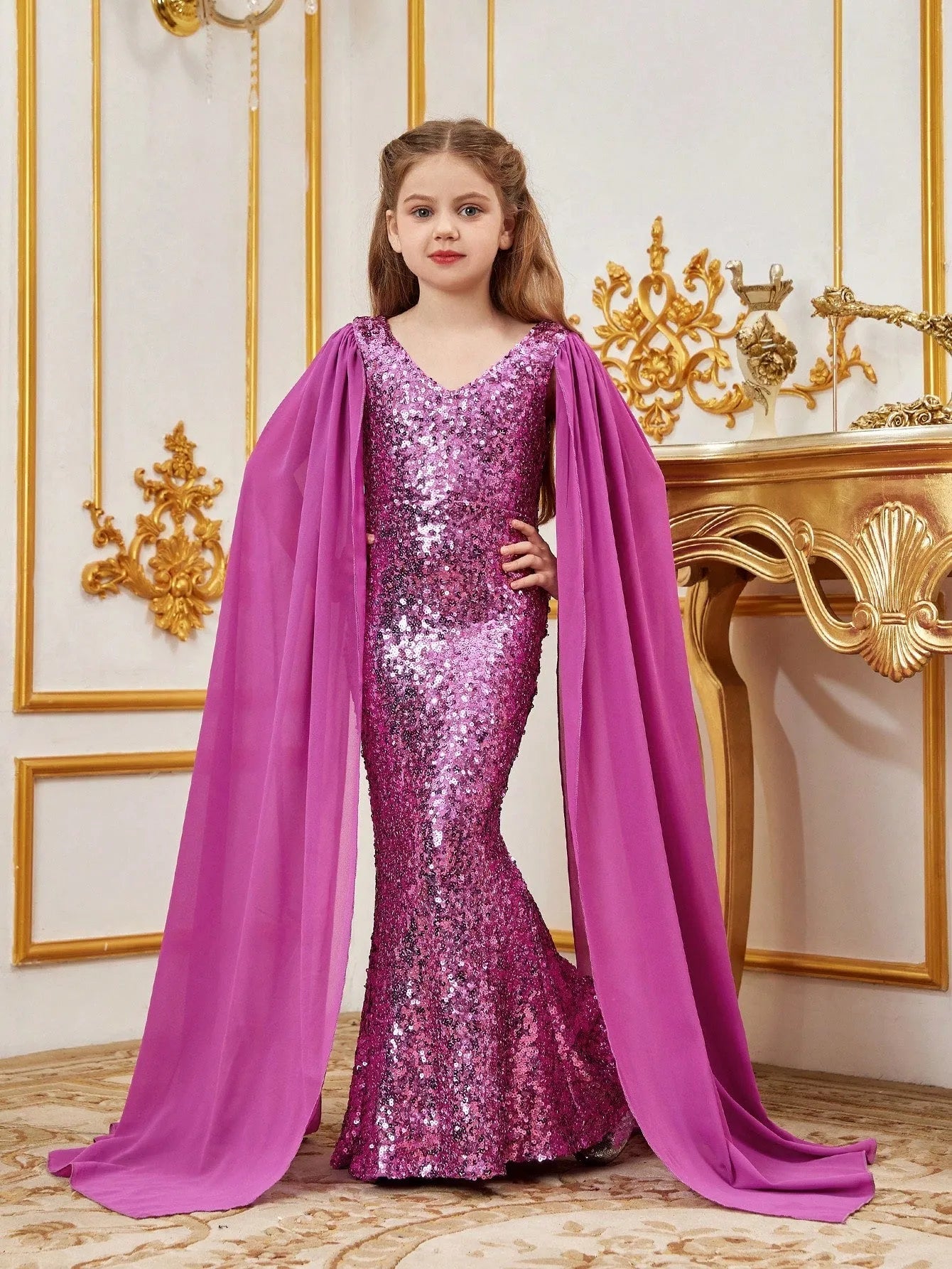 Additional product view of Cloak-Sleeve V-Neck Sequin Mermaid Chiffon Tween Girls' Party Dress