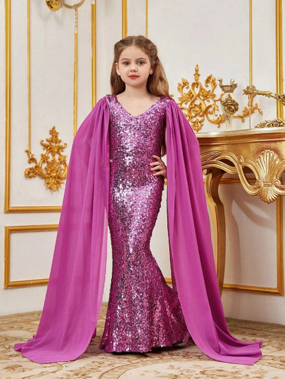Additional product view of Cloak-Sleeve V-Neck Sequin Mermaid Chiffon Tween Girls' Party Dress