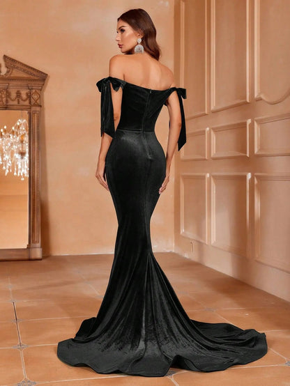 Additional product view of Off-Shoulder Velvet Mermaid Sleeveless Maxi Evening Gown
