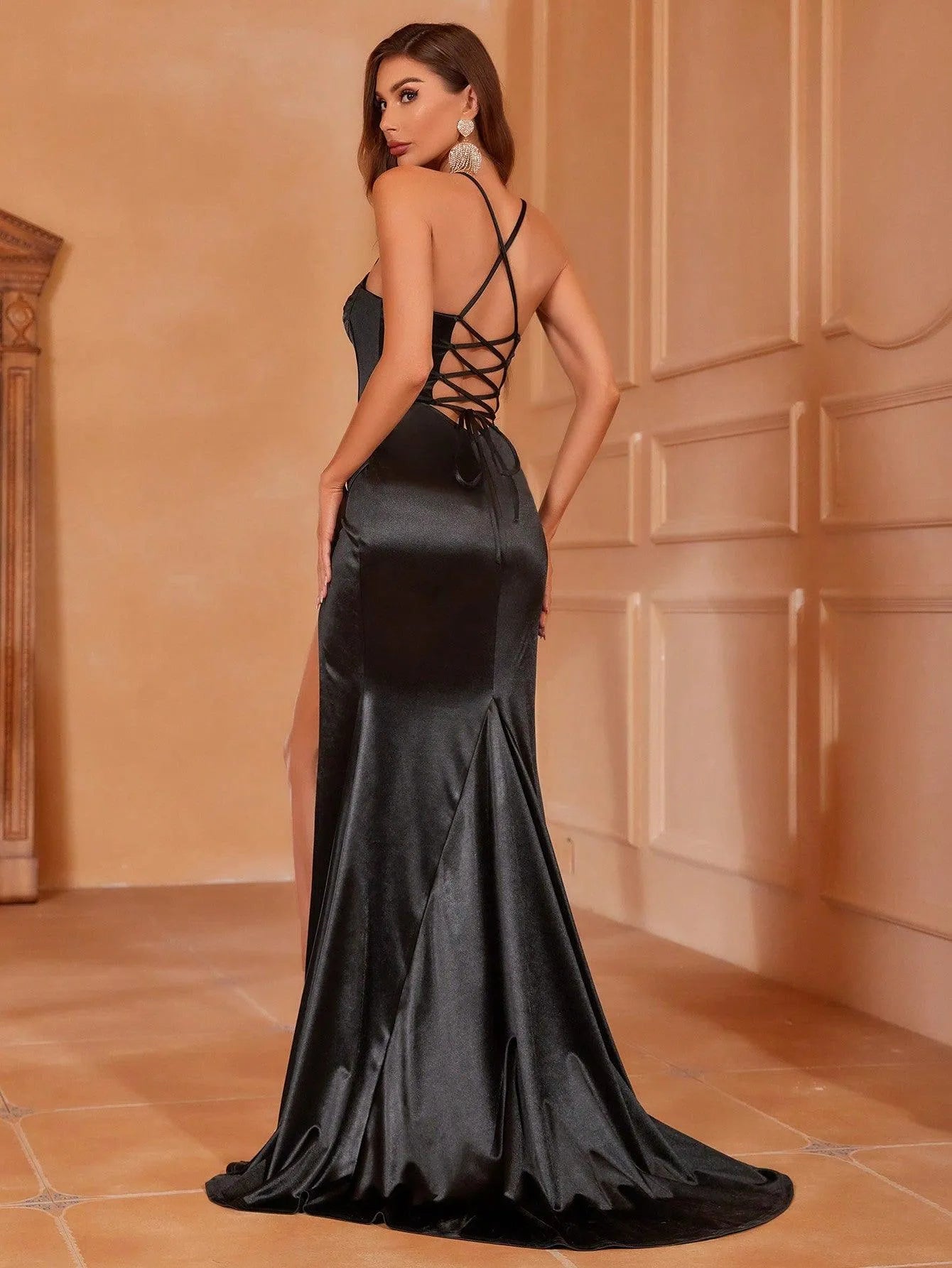 Additional product view of Cami Strap Satin Backless Mermaid Sleeveless Evening Gown