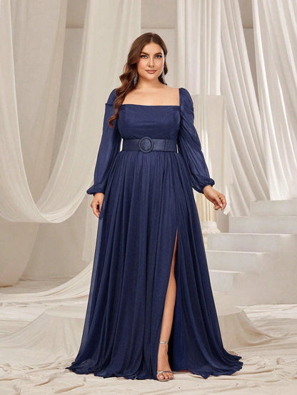 Plus Square Neck Lantern Sleeves Split Thigh Evening Dress – view 10