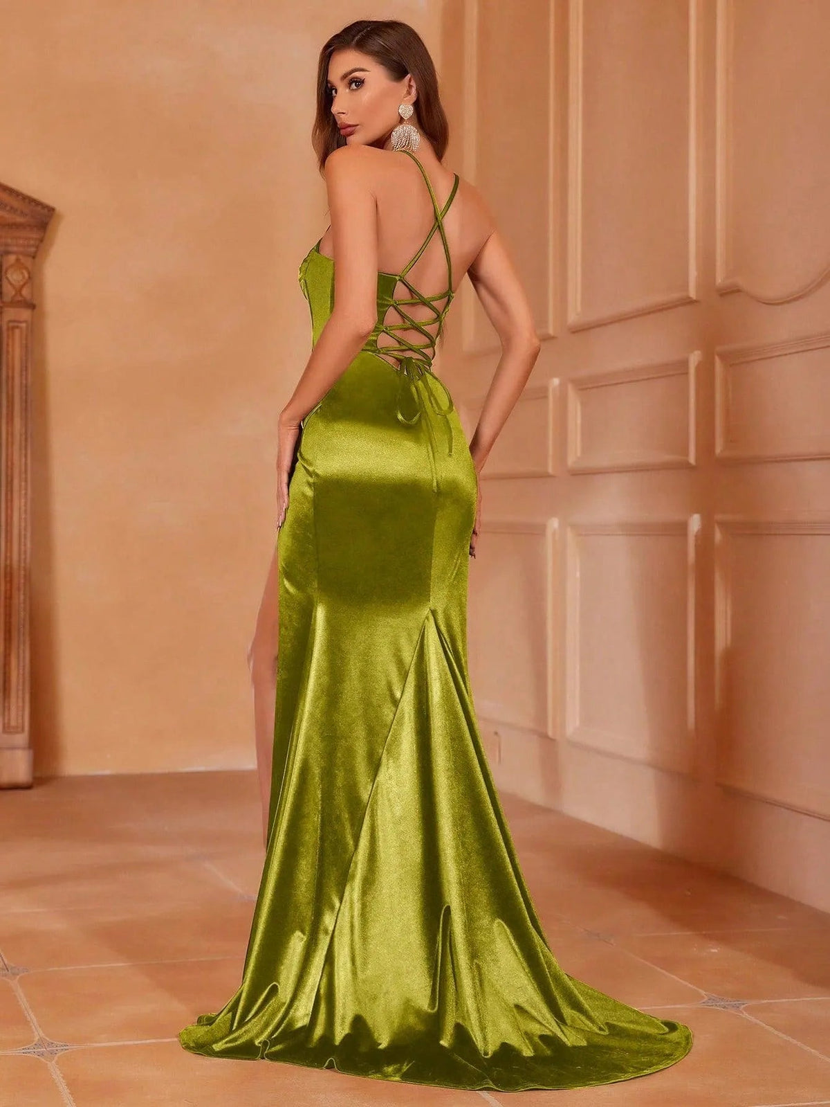 Additional product view of Cami Strap Satin Backless Mermaid Sleeveless Evening Gown