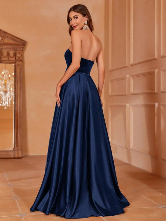 Additional product view of Velvet Bodice Strapless Satin High-Slit A-Line Evening Gown