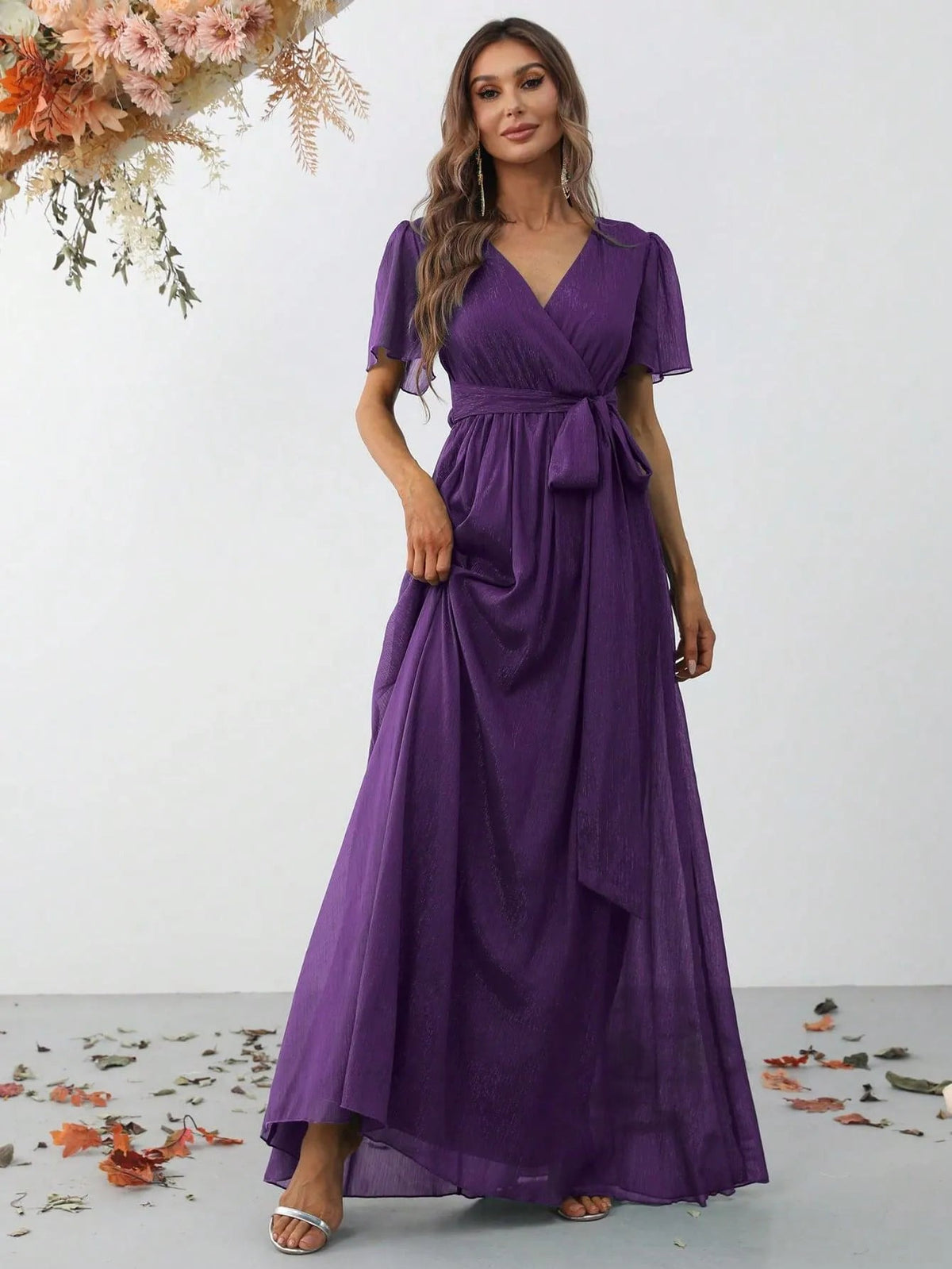 Additional product view of Belted V-Neck Chiffon A-Line Short-Sleeve Maxi Formal Dress