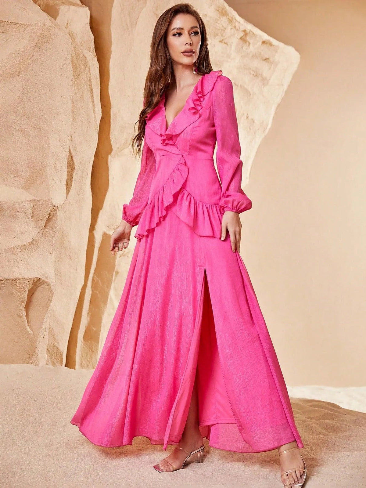 Additional product view of Ruffle Trim V-Neck Chiffon High-Slit A-Line Maxi Formal Dress