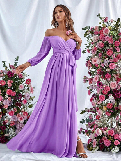 Additional product view of High-Slit Belted Off-Shoulder Chiffon A-Line Maxi Formal Dress