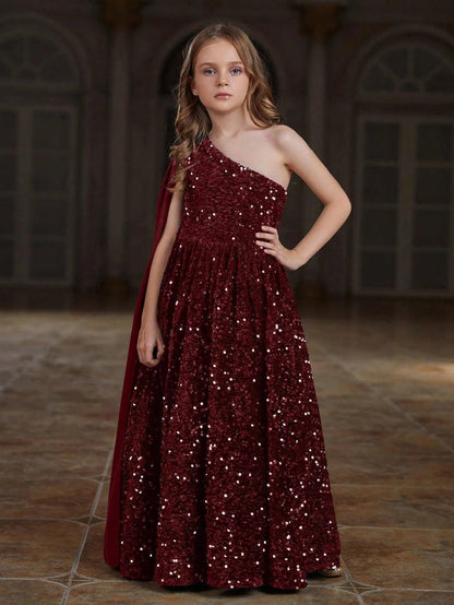 Tween Girls' One-Shoulder Draped Side Sequin A-Line Dress — authorized product image 15