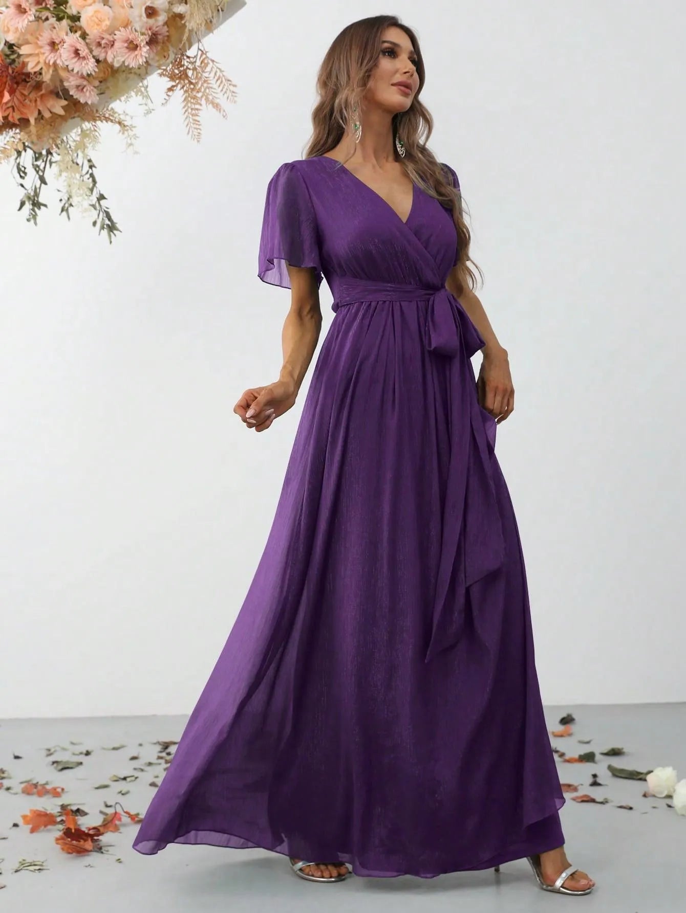 Additional product view of Belted V-Neck Chiffon A-Line Short-Sleeve Maxi Formal Dress