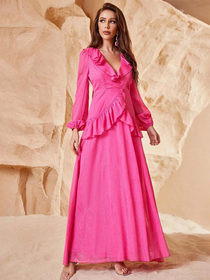 Additional product view of Ruffle Trim V-Neck Chiffon High-Slit A-Line Maxi Formal Dress