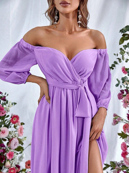 Additional product view of High-Slit Belted Off-Shoulder Chiffon A-Line Maxi Formal Dress