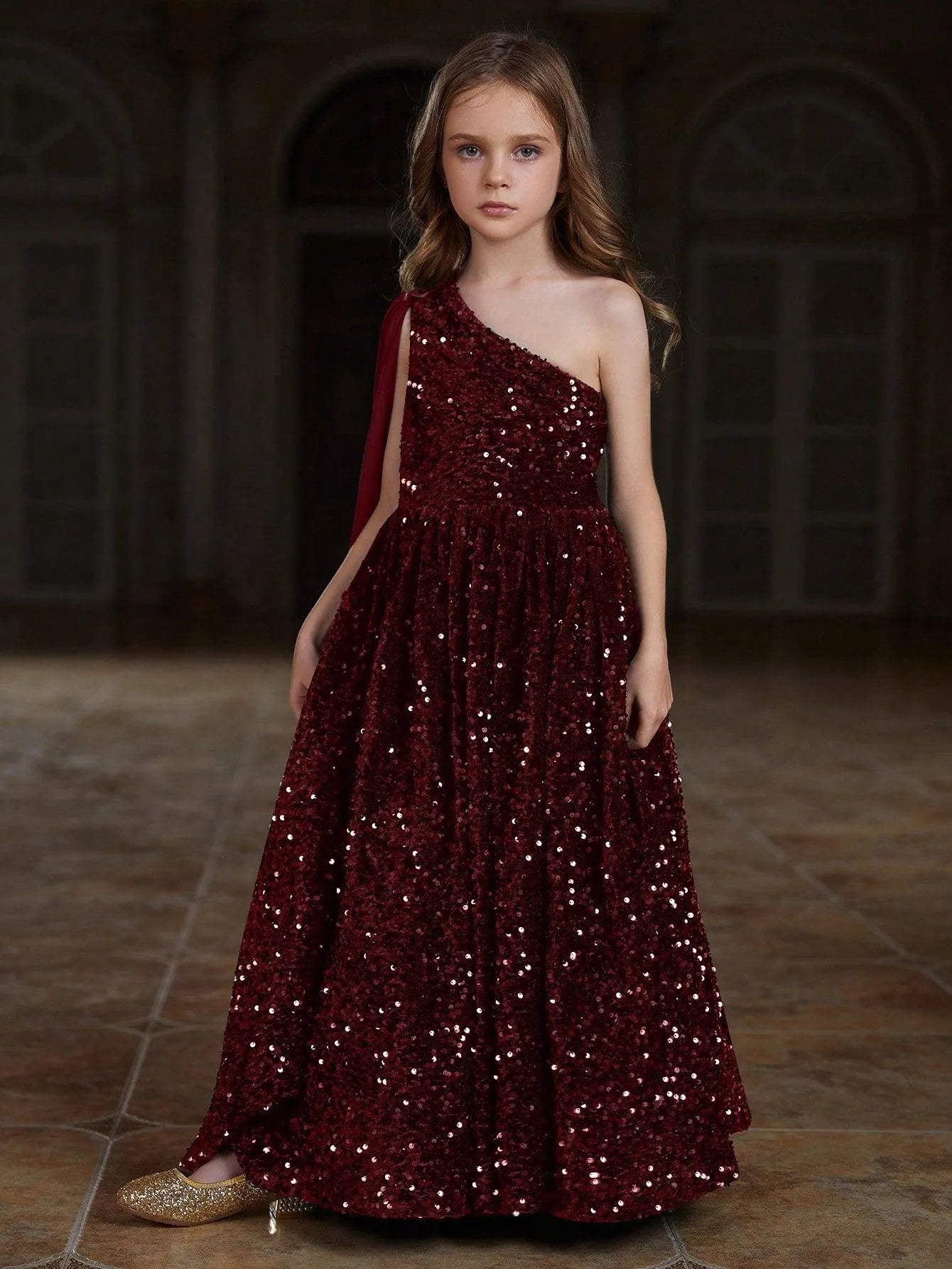 Tween Girls' One-Shoulder Draped Side Sequin A-Line Dress — authorized product image 17