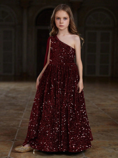 Tween Girls' One-Shoulder Draped Side Sequin A-Line Dress — authorized product image 17