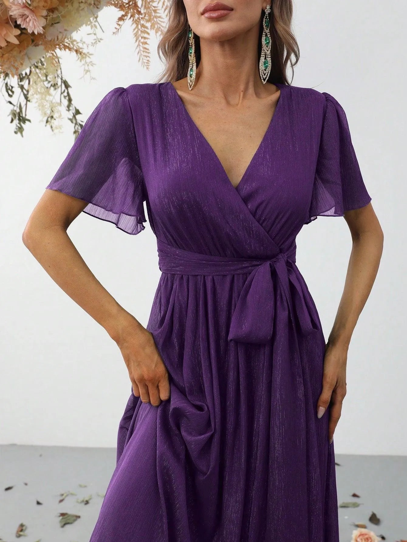 Additional product view of Belted V-Neck Chiffon A-Line Short-Sleeve Maxi Formal Dress