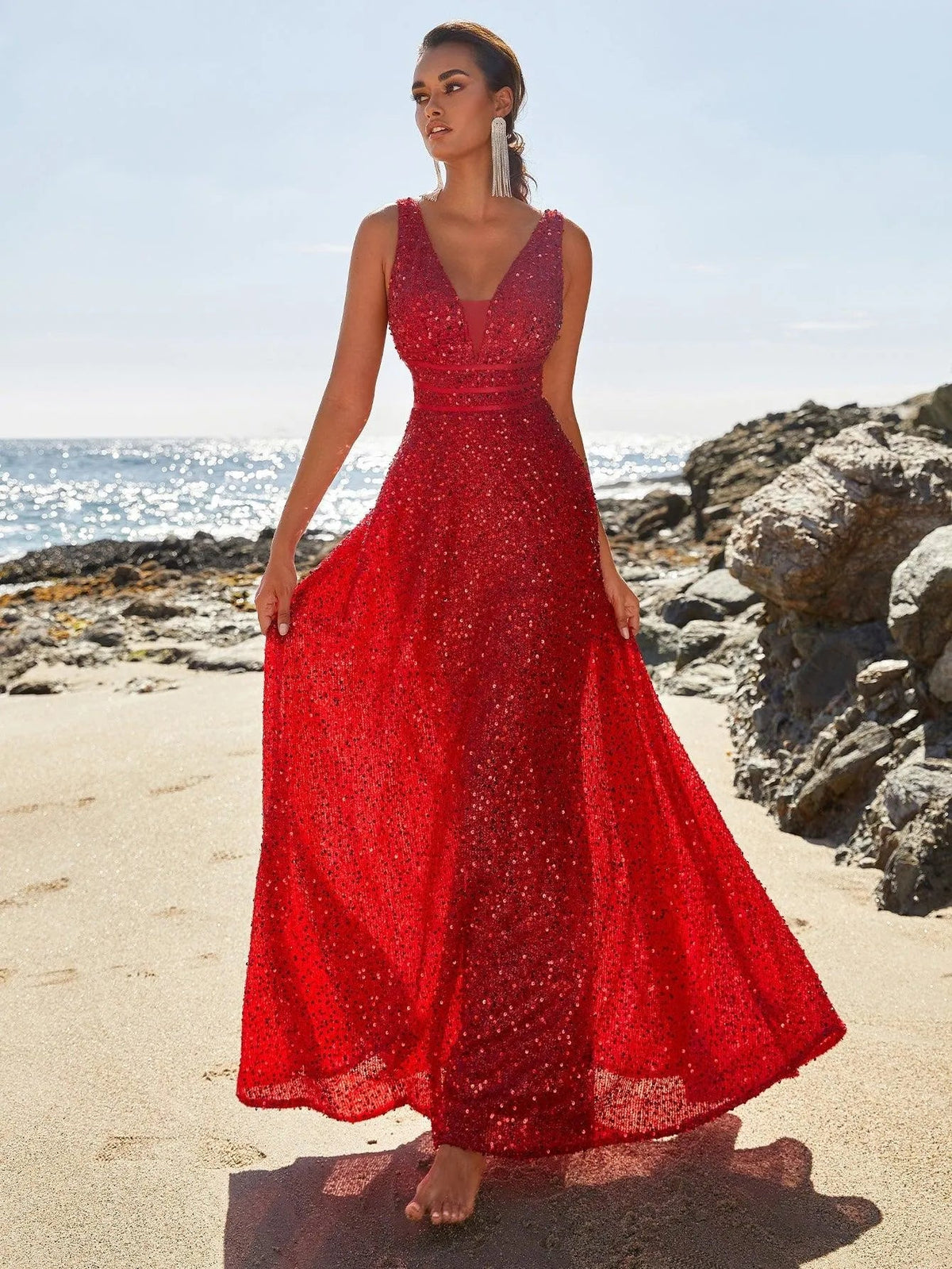 Elegant Deep V Neck Sequin A Line Prom Dresses - Elonnashop